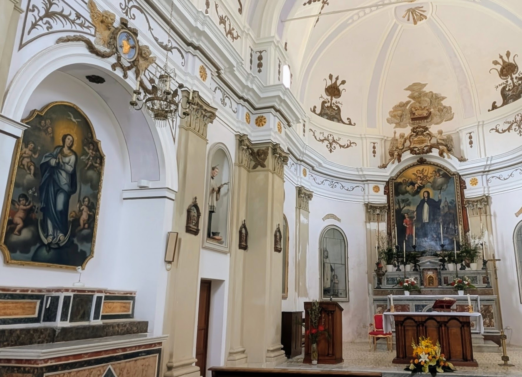 Baroque interior of Santa Marina church dedicated to the patron saint of Salina island.