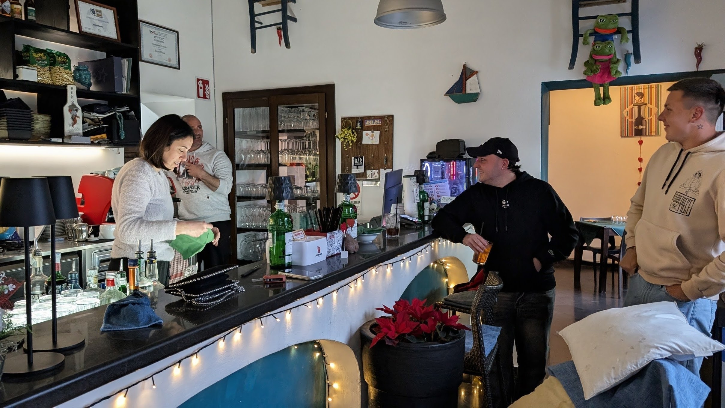 Pizzeria and Bar Bagghiu Lisciu, a popular social hub in Santa Marina di Salina on Salina island.