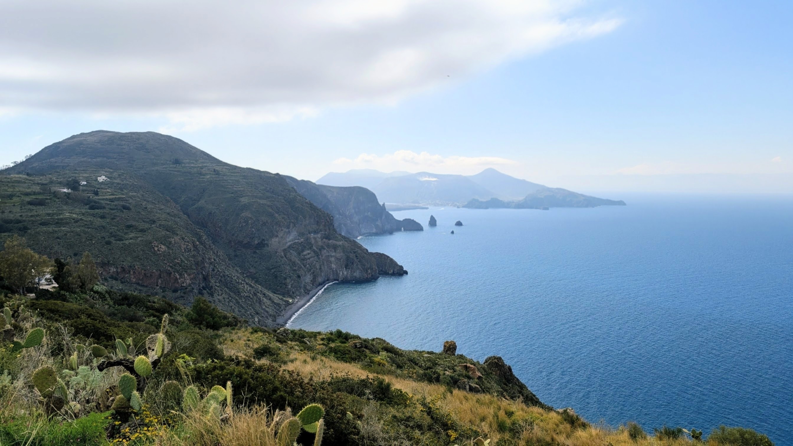 View from Belvedere Quattrocchi ("Four Eyes") on Lipari island. One can see in the distance the neighboring Vulcano island.