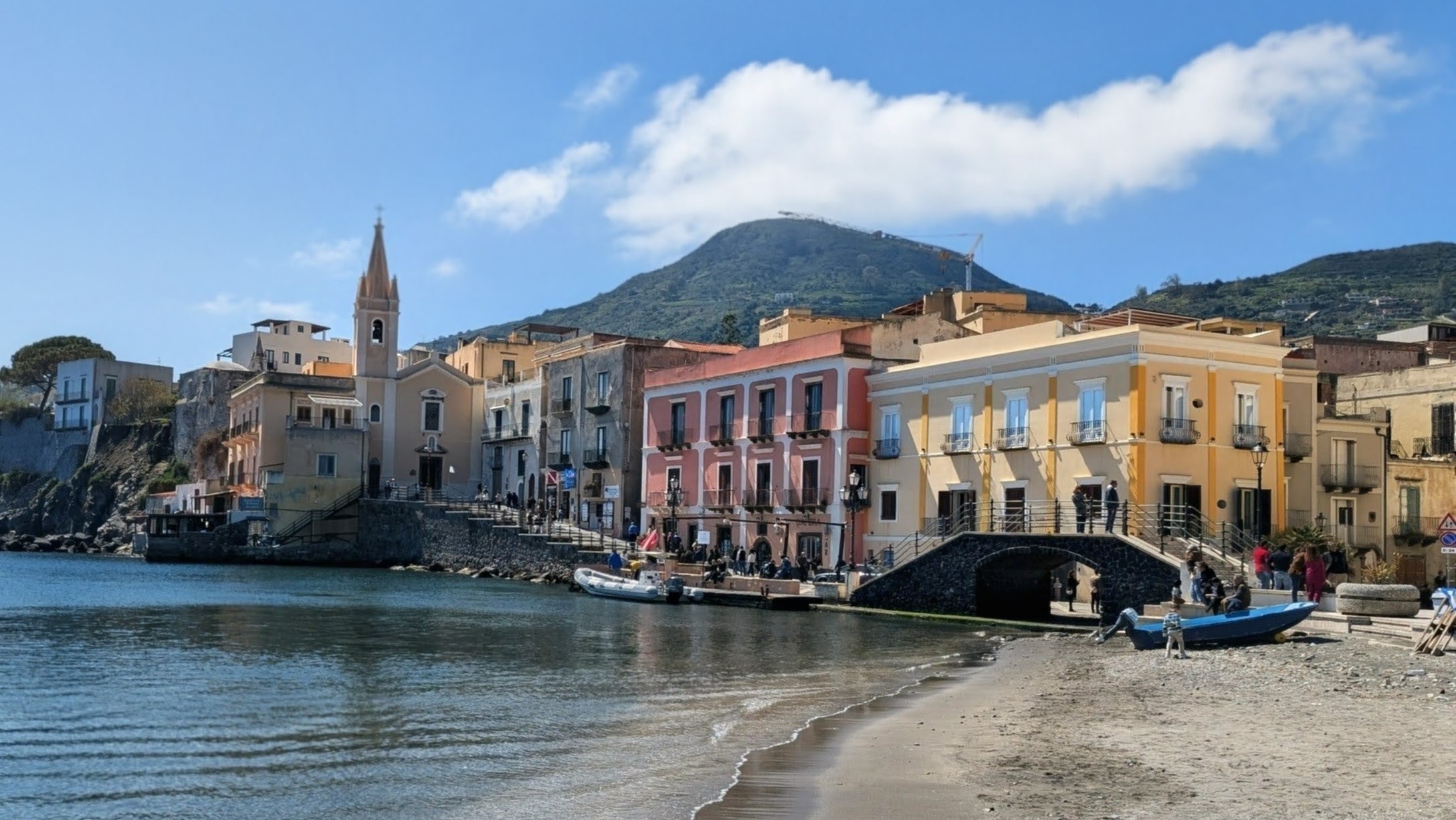 The view from the Old Harbor on San Giuseppe church and Marina Corta square on Lipari island.